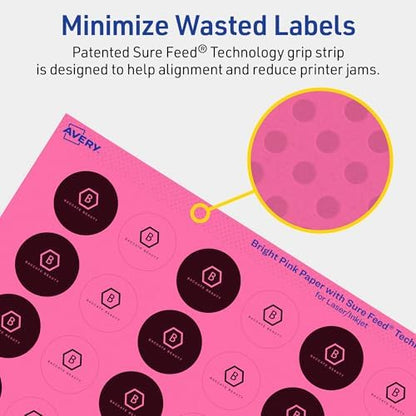 Avery Printable Round Labels, Sure Feed Technology, 1" Diameter, Bright Pink Labels, Print-to-the-Edge, Laser/Inkjet, 1,920 Total, Great for Price Stickers and Mailing Seals