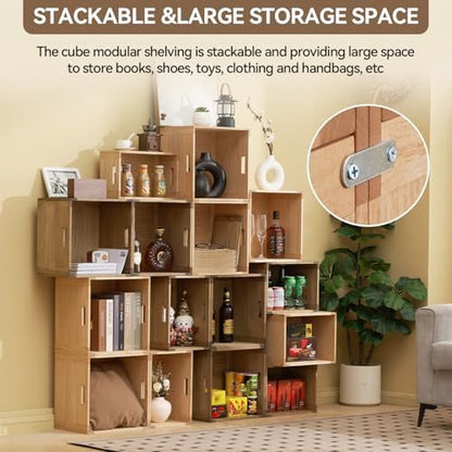 KIRIGEN Stackable Wood Storage Cube with Handles, Open Crate Bin, Brown
