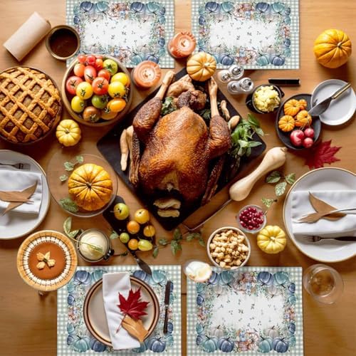 Fall Thanksgiving Placemats Set of 6, Navy Blue Pumpkins Green Eucalyptus Leaves Heat Resistant Washable Table Place Mats Sage Farmhouse Plaid Table Linens Decor for Home Kitchen Dining Outdoor Indoor