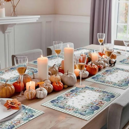 Fall Thanksgiving Placemats Set of 6, Navy Blue Pumpkins Green Eucalyptus Leaves Heat Resistant Washable Table Place Mats Sage Farmhouse Plaid Table Linens Decor for Home Kitchen Dining Outdoor Indoor