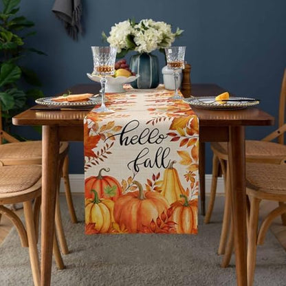 Fall Pumpkin Table Runner Dresser Scarf 14 x 72 Inch Harvest Orange Maple Leaves Table Runners Non-Slip Heat Resistant Kitchen Dining Table Decor for Autumn Thanksgiving Holidays Indoor Outdoor
