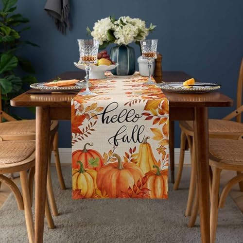 Fall Pumpkin Table Runner Dresser Scarf 18 x 72 Inch Harvest Orange Maple Leaves Table Runners Non-Slip Heat Resistant Kitchen Dining Table Decor for Autumn Thanksgiving Holidays Indoor Outdoor