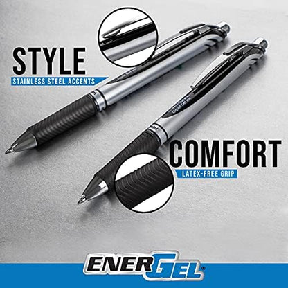 Pentel EnerGel RTX Gel Pens, 0.7 mm Metal Tip, Black/Silver Barrel, Blue Ink, Box of 12 (BL77-C)
