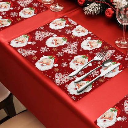 Red Christmas Placemats Set of 6, Santa Claus Merry Christmas Tree Heat Resistant Washable Table Place Mats Winter Snowflake Cotton Table Linens Party Holiday Decor for Kitchen Dining Outdoor Indoor