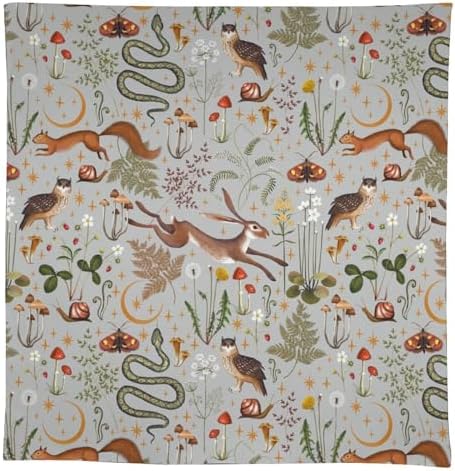 Woodland Animal Tablecloth, Grey Country Forest Hare Squirrel Owl Snake Snail Flowers Mushroom Print Table Cover for Picnic Party Holiday Home Kitchen Dining Table Decor 55x55in