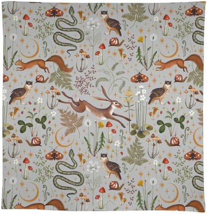 Woodland Animal Tablecloth, Grey Country Forest Hare Squirrel Owl Snake Snail Flowers Mushroom Print Table Cover for Picnic Party Holiday Home Kitchen Dining Table Decor 55x55in