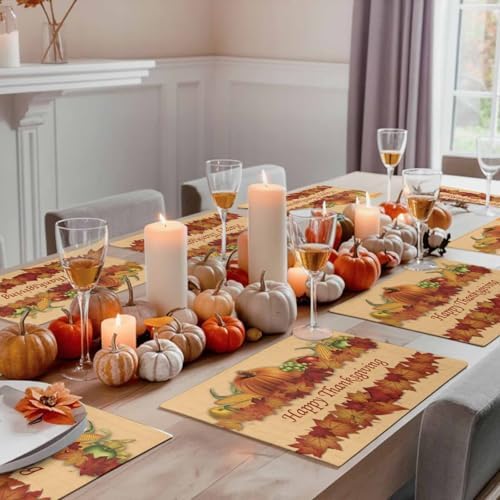 Vandarllin Thanksgiving Holiday Placemats Set of 4, Fall Harvest Pumpkins Cotton Linen Stain Resistant Table Mats Washable Placemat Decoration for Kitchen Dining Table,Autumn
