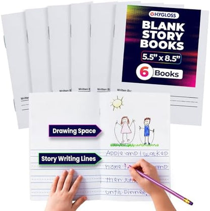 Hygloss Half Blank Books for Kids to Write Stories & Illustrate – Bulk 6 Pack – 5.5" x 8.5" A5 – Primary Journal for Grades K-2, Preschool/Kindergarten Notebook with Picture Space – 24 Pages, White
