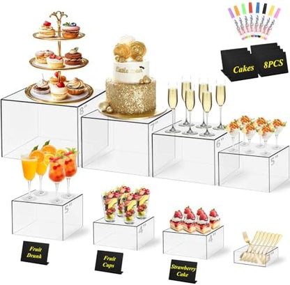8 Pcs Clear Acrylic Buffet Risers with Mini Sign and Maker,Buffet Risers and Stands Clear Food Display Risers for Buffet Table Party Catering Dessert Cupcake Collectibles (8" 7" 6" 5" 5" 4" 4" 3")