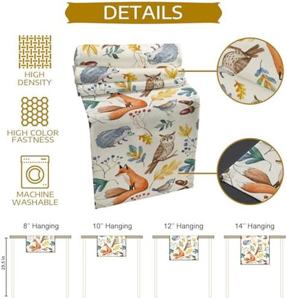 Fall Table Runner Autumn Animal Table Runners Harvest Thanksgiving Owl Bird Fox Leaves Cotton Linen Dresser Scarf Kitchen Dining Table Decor for Autumn Holiday Party Coffee 13x120 Inch