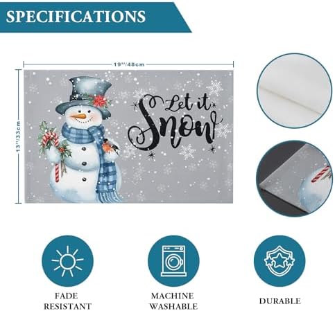 Snowman Christmas Placemats Set of 4, Let It Snow Winter Holiday Heat Resistant Washable Table Place Mats Grey White Cotton Table Linens Party Holiday Decor for Kitchen Dining Outdoor Indoor