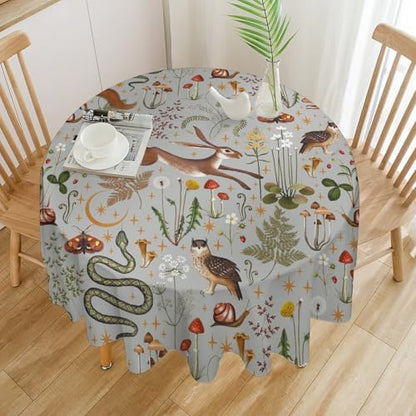 Woodland Animal Tablecloth, Grey Country Forest Hare Squirrel Owl Snake Snail Flowers Mushroom Print Table Cover for Picnic Party Holiday Home Kitchen Dining Table Decor, 70x70in