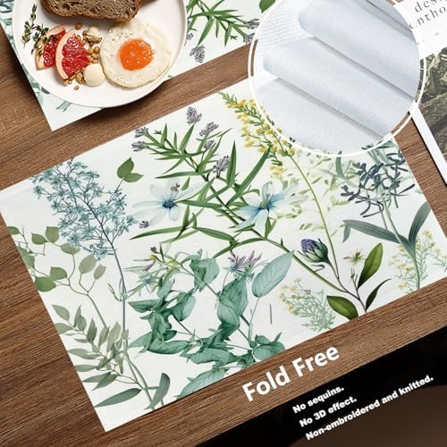 Batmerry Summer Green Sage Linen Placemats Set of 4, Vintage Plant Leaves Elegant Blue Wild Flowers Washable Table Mats for Kitchen Table Thickened Heat Insulation Dining Set Indoor Outdoor 12X18 in