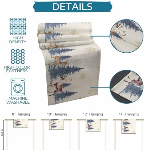 Christmas Table Runner Dresser Scarf 13 x 108 Inch Vintage PineTree Forest Elk Glod Snowflakes Linen Table Runners Non-Slip Heat Resistant Kitchen Dining Table Decor for Home Holidays Indoor Outdoor