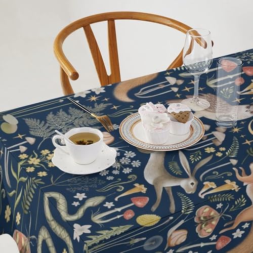 Fairy Forest Tablecloth, Retro Dark Blue Woodland Wildlife Owl Squirrel Print Rustic Flowers Mushrooms Table Cloth for Outdoor Picnic Home Dining Kitchen Table Decor 55x55in