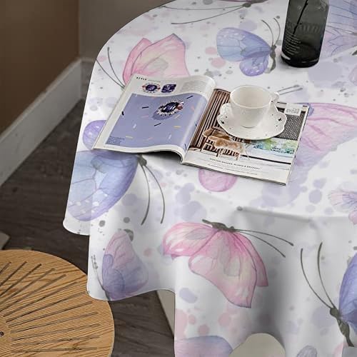 Purple Butterfly Tablecloth, Watercolor Pink Butterfly Abstract Cartoon Print Table Cloth for Farmhouse Kitchen Dinning Room Picnic Parties Home Decor, 70x70in