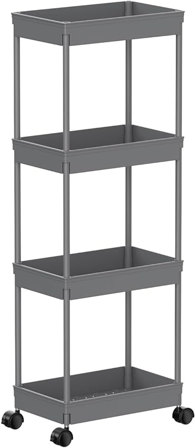 Sooyee 4 Tier Wide Storage Cart Mobile Shelving Unit Organizer Slide Out Storage Rolling Utility Cart Tower Rack for Kitchen Bathroom Laundry, Plastic & Stainless Steel,Grey