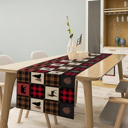 Rustic Bear Table Runner, Vintage Cottage Country Style Pine Tree Elk Wildlife Dinner Runner for Home Kitchen Dining Table Decoration 13"x36"
