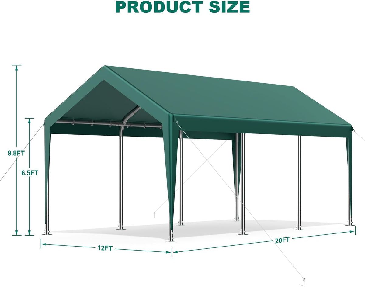 12x20FT Heavy Duty Carport Potable Car Canopy Garage Party Tent Boat Shelter,Waterproof & UV Protected with Four Wind-Resistant Ropes, Outdoor Tents for Cars,Boats,Trucks, Motorcycles(Green)