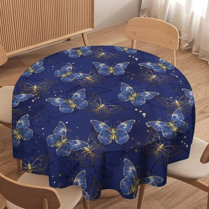 Retro Blue Butterfly Tablecloth, Luxury Golden Blue Butterfly Print Table Cover for Home Dining Decor Kitchen Party Outdoor, 36x36in