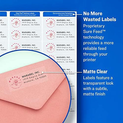AVERY Clear Address Labels 1 x 2-5/8 inch | Matte Finish | Sure Feed Technology | For Inkjet Printers | 300 Labels, Pack of 5