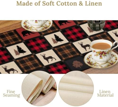 Rustic Bear Table Runner, Vintage Cottage Country Style Pine Tree Elk Wildlife Dinner Runner for Home Kitchen Dining Table Decoration 13"x36"