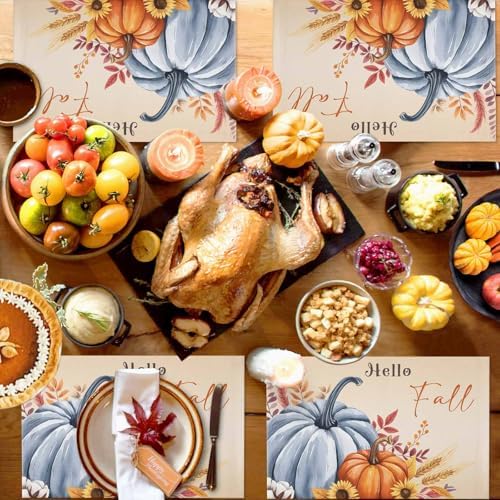 Fall Placemats Set of 6, Hello Fall Pumpkin Place Mats Maple Leaves Sunflower Bird Tablemats Harvest Thanksgiving Placemat Table Decoration for Kitchen Table Holiday Dinner Party Autumn Home Decor