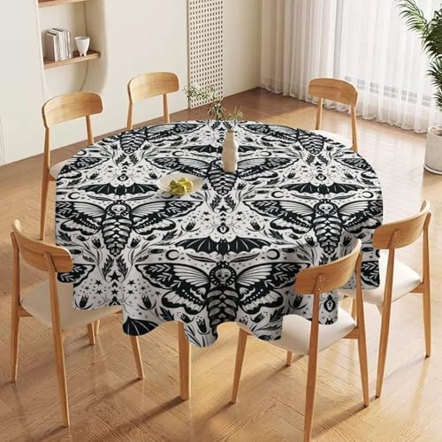 Boho Moth Tablecloth, Gothic Mysterious Halloween Black White Death Butterfly Bat Witch Print Table Cloth for Kitchen Dining Picnic Party Restaurant Decoration, 36x36in