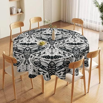 Boho Moth Tablecloth, Gothic Mysterious Halloween Black White Death Butterfly Bat Witch Print Table Cloth for Kitchen Dining Picnic Party Restaurant Decoration, 36x36in