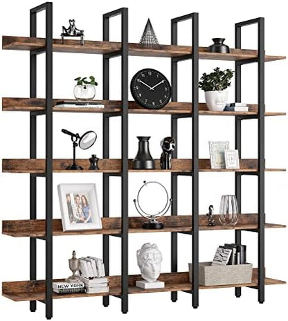 IRONCK Book Shelf Triple Wide Bookshelves 5 Tiers with Back Fence