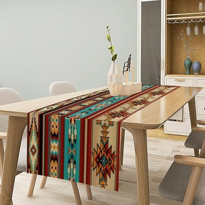 Aztec Southwest Table Runner, Ethnic Style Design Geometric Triditional Kitchen Table Runners Table Setting Decor for Garden Farmhouse Wedding Party Holiday Dinner Home, 13x108 Inch