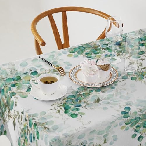 Spring Botanical Tablecloth, Watercolor Sage Green Eucalyptus Leaves Print Table Cloth Cover for Kitchen Dining Indoor Outdoor Decor 55x75in