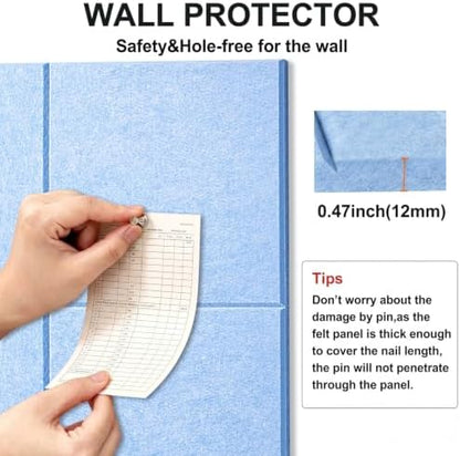 Felt Wall Tiles Bulletin Board Large Cork Board Alternative 12 Pack 11.81”x11.81”x0.47” Felt Pin Board Tack Board with Safe Removable Adhesive Tabs for Home Office School 48x36(Light Blue)