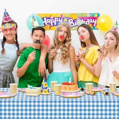 CXPSINC 54 Inch X 100 Feet Plastic Table Cover Roll Disposable Tablecloth with Slide Cutter for All Type/Shape Tables | Party, Banquet, Birthdays, Weddings(Blue Checkered, 100 Feet)