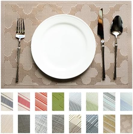 Placemats Set of 6 Vinyl/Plastic Woven Place Mats for Kitchen Table Indoor/Outdoor Washable Placemat Wipeable Dining Table Mats (Dark Brown Clover,6)
