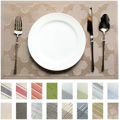 Placemats Set of 6 Vinyl/Plastic Woven Place Mats for Kitchen Table Indoor/Outdoor Washable Placemat Wipeable Dining Table Mats (Dark Brown Clover,6)