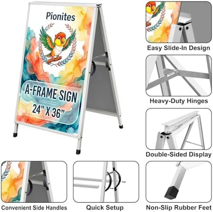 Pionites Heavy Duty Slide-in Folding A Frame Sign Sidewalk Sign 24x 36 Inch Steel Metal Double-Side Pavement sign Corrugated Plastic Poster (2, White, 24''X36''(Frame Only))