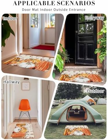 Fall Door Mat Harvest Pumpkin Doormat Orange Flower Eucalyptus Leaves Beige Harvest Thanksgiving Welcome Mat Non Slip Entryway Front Rug Floor Mat for Indoor Outdoor Kitchen Autumn Holiday Decor 18x30