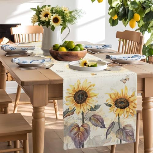 Farmhouse Sunflower Table Runner Dresser Scarf 13 x 120 Inch Vintage Yellow Flower Butterfly Botanical Table Runners Non-Slip Heat Resistant Kitchen Dining Table Decor for Home Holidays Indoor Outdoor