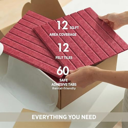 VIVELDA Felt Bulletin Board Tiles 48"x36" - 12-Pack Cork Board Alternative, Oeko-TEX Certified, NRC 0.95 Acoustic Wall Panels, Damage-Free Adhesive, Slatted Design, Home Office & Classroom (Burgundy)