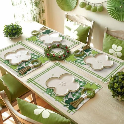 St. Patrick's Day Watercolor Shamrock Clovers Placemats Set of 6, Rustic Green Buffalo Plaid Cotton Linen Table Mats Washable Spring Holidays Decorations For Kitchen Dining Table French Stripes