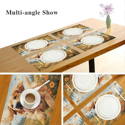 ALAZA Happy Golden Retriever in Flower Field Set of 4 Placemats Rectangle Table Mat for Dining Table Restaurant Kitchen Home Decor, 12" x 18"