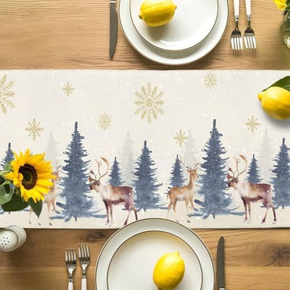 Christmas Table Runner Dresser Scarf 13 x 60 Inch Vintage PineTree Forest Elk Glod Snowflakes Linen Table Runners Non-Slip Heat Resistant Kitchen Dining Table Decor for Home Holidays Indoor Outdoor