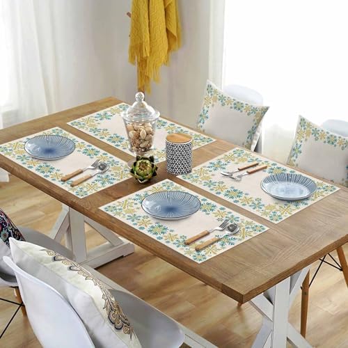Gold Blue Snowflakes Christmas Placemats Set of 4, Winter Xmas Holiday Heat Resistant Washable Table Place Mats Beige Cotton Table Linens Party Holiday Decor for Kitchen Dining Outdoor Indoor