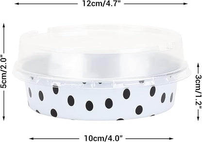 Beasea Mini Tart Pans with Lids 50 Pack, 4” 8oz Disposable Aluminum Baking Foil Tins Round Small White Black Dot Container for Individual Cupcake Dessert Muffin Ramekin Cheesecake Quiche Oven Dishes