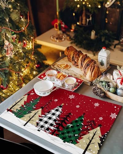 Red Merry Christmas Placemats Set of 6, Green Christmas Tree Heat Resistant Washable Table Place Mats White Snow Forest Winter Cotton Table Linens Party Holiday Decor For Kitchen Dining Outdoor Indoor