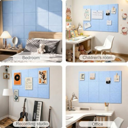 Felt Wall Tiles Bulletin Board Large Cork Board Alternative 12 Pack 11.81”x11.81”x0.47” Felt Pin Board Tack Board with Safe Removable Adhesive Tabs for Home Office School 48x36(Light Blue)