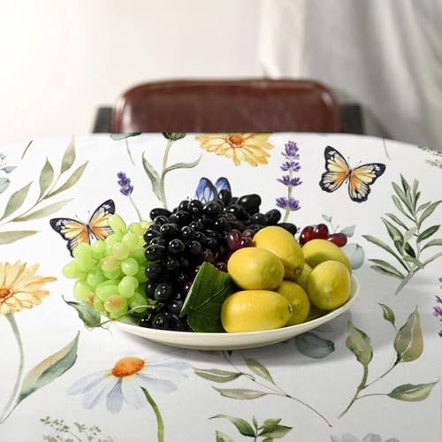 Watercolor Wildflowers Tablecloth, Summer Daisy Lavender Eucalyptus Branches Leaves Print Table Cover for Tea Party Weddings Indoor Outdoor Dining 60x110in