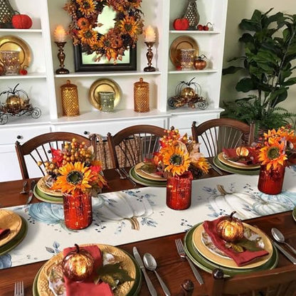 Fall Pumpkin Table Runner Dresser Scarf 13 x 90 Inch White Blue Leaves Rustic Table Runners Non-Slip Heat Resistant Kitchen Dining Table Decor for Autumn Thanksgiving Holidays Indoor Outdoor