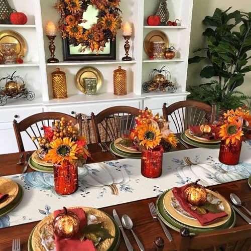 Fall Pumpkin Table Runner Dresser Scarf 13 x 36 Inch White Blue Leaves Rustic Table Runners Non-Slip Heat Resistant Kitchen Dining Table Decor for Autumn Thanksgiving Holidays Indoor Outdoor